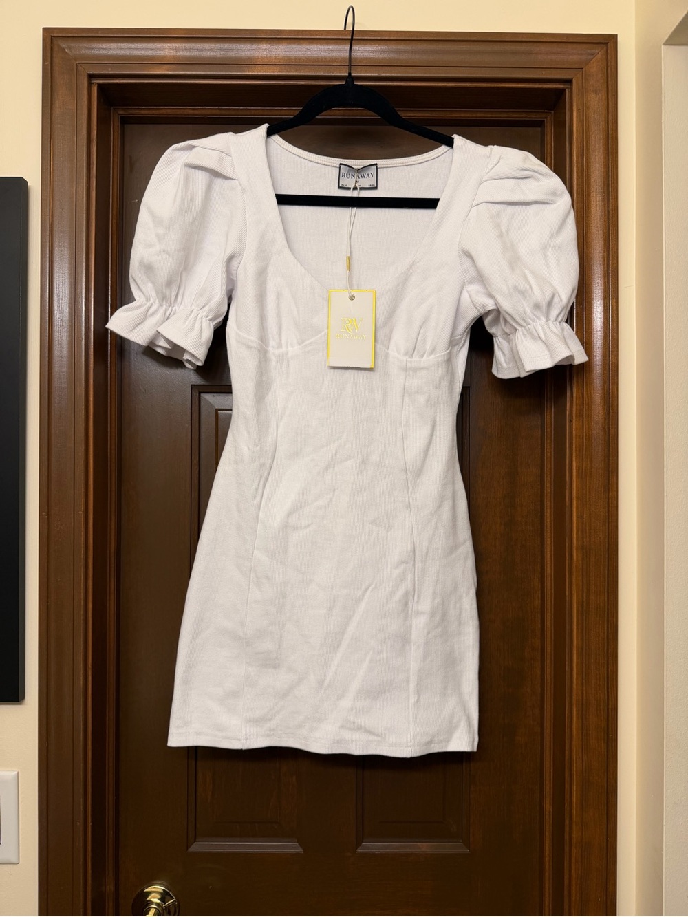 White Puff-Sleeve Mini Dress with Square Neck